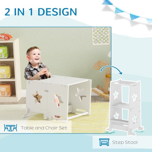 AIYAPLAY Toddler Step Stool, Toddler Tower, 2 in 1 Toddler Step with Safety Rail, for Kitchen, Bathroom, Counter, White