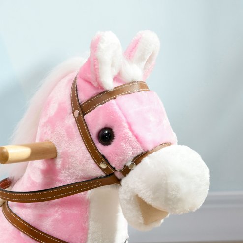HOMCOM Kids Rocking Horse, Plush Ride On Horse with Music, Sound, Saddle, Wooden Base, Ride On Toy for Ages 3-6 Years - Pink