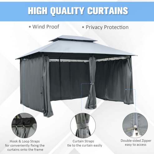 Outsunny 4m x 3(m)Garden Gazebo, Double Roof Outdoor Gazebo Canopy Shelter with Curtains, Solid Steel Frame for Patio, Garden