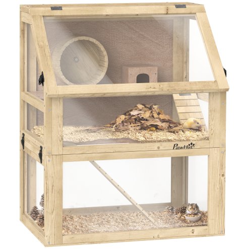 PawHut Wooden Hamster Cage, 3 Tier Gerbil Cage with Detachable 32cm Deep Bottom, Hut, Seesaw, Exercise Wheel, Ramps, Natural Wood Finish