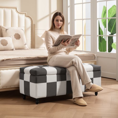 HOMCOM 114 x 47 x 47cm Velvet Storage Ottoman, Button-tufted Footstool Box, Toy Chest with Lid for Living Room, Bedroom