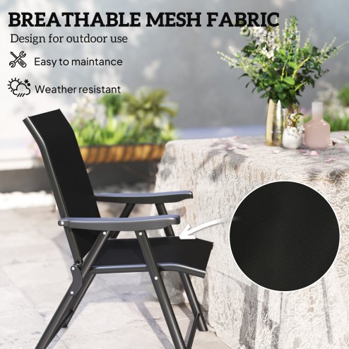 Outsunny Set of 2 Folding Chair, Garden Chair Set with Breathable Mesh Back and Seat, Outdoor Camping Chairs with Armrests, Steel Frame for Deck Balcony, Black