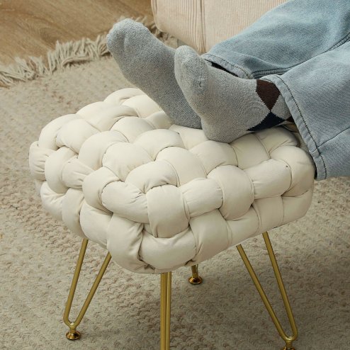 HOMCOM Square Foot Stool, Woven Footrest Ottoman with Metal Legs, Padded Makeup Vanity Stool, Velvet Dressing Table Seat for Bedroom