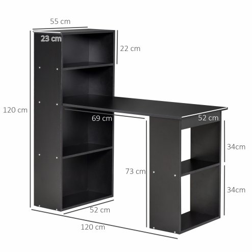 HOMCOM 120cm Computer Desk, Wooden PC Laptop Table with 6-Tier Storage Bookshelves, Home Office Working Study Desk, Writing Workstation, Black