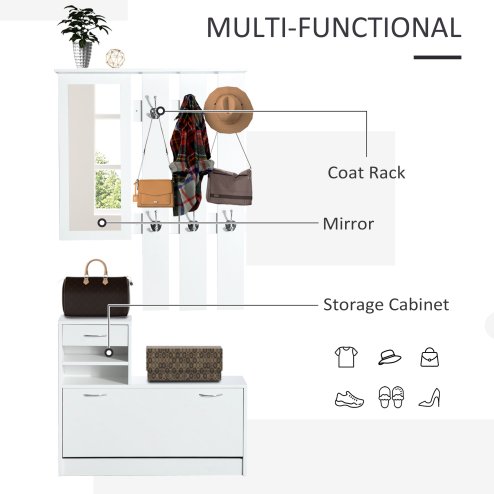 HOMCOM 2PC Shoes Storage Chest Cloths Rack Unit w/Mirror Multiple Shelves Large Storage Capacity Shoes Cabinet 6 Hooks Cloth Rack
