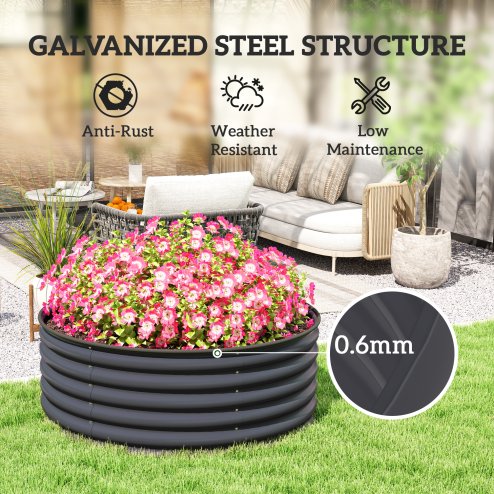 Outsunny Galvanised Raised Garden Bed with Safety Edging, Outdoor Raised Planter Box with Gloves and Open Bottom, Metal Raised Bed for Flowers, Vegetables and Herbs, 120 x 120 x 43cm, Dark Grey