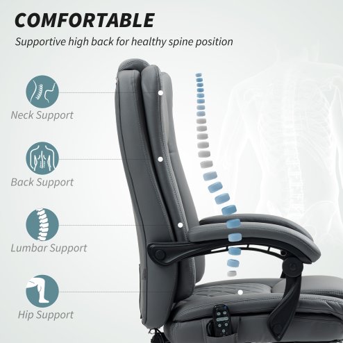 HOMCOM Executive Office Chair with 6-point Massage and Heat, PU Leather Reclining Desk Chair with Tufted High Back, Height Adjustable, Swivel Wheels, Footrest, for Home, Light Grey