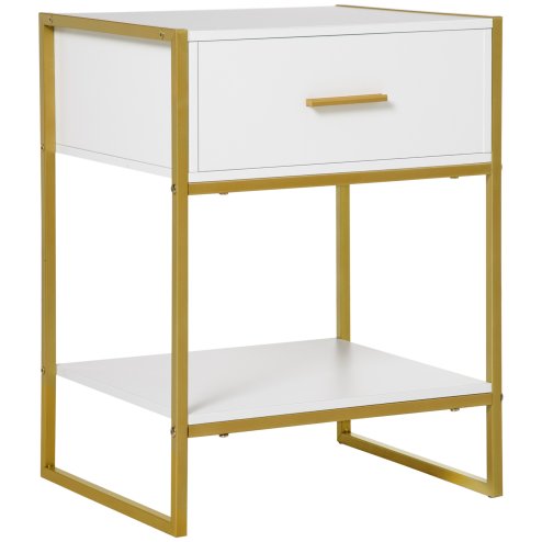 HOMCOM Bedside Table with Storage Drawer and Open Shelf, Modern Nightstand, Side Table with Metal Frame for Bedroom, Living Room, White