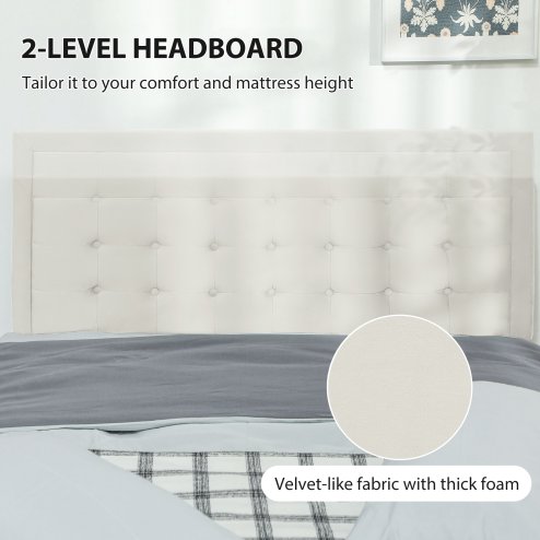 HOMCOM Double Ottoman Bed Frame, 4ft6 Gas Lift Storage Bed with 2-Level Adjustable Velvet Upholstered Headboard, Wheeled Drawer and Wooden Slats, No Mattress, Cream White