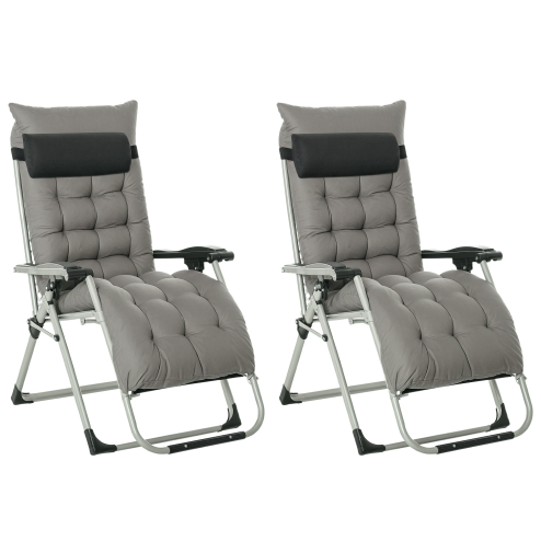 Outsunny 2 Piece Reclining Zero Gravity Chair Metal Frame Folding Garden Sun Lounger with Cushion Headrest, Dark Grey