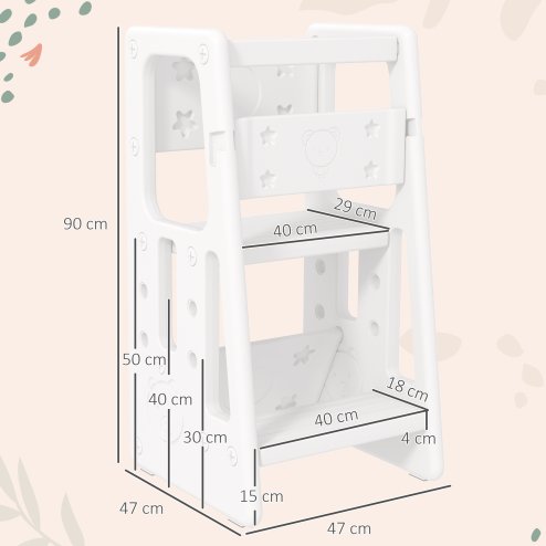 HOMCOM Kids Step Stool, Adjustable Standing Platform, Toddler Kitchen Stool, Standing Tower for Kids, Kitchen Counter with Three Adjustable Heights - White