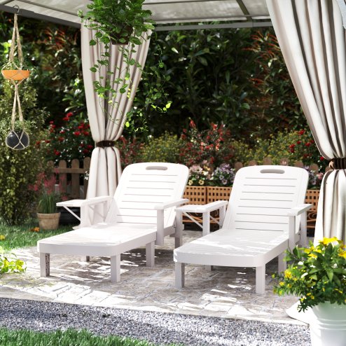 Outsunny Set of 2 Resin Reclining Sun Loungers for Garden, 5 Positions Adjustable Outdoor Chaise Lounge Chairs with Wood Texture Surface, Armrests, Foldable Side Table for Garden, Beach, White