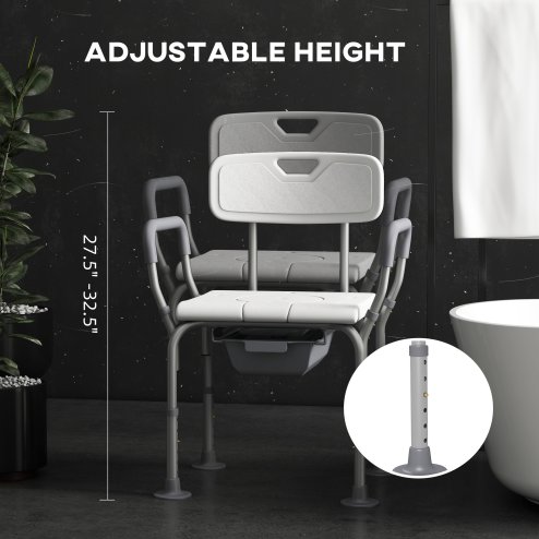 HOMCOM Height Adjustable Shower Chair with Arms and Back, Non-Slip Shower Stool, Bedside Commode with Detachable Bucket for Elderly, Seniors, Disabled, White