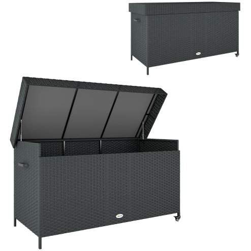 Outsunny 627 L Rattan Garden Storage Box, Outdoor Garden Cushion Storage Box with Gas Lift Lid and Wheels, Outdoor Rattan Chest Container for Cushions, Pillows and Tools, Black