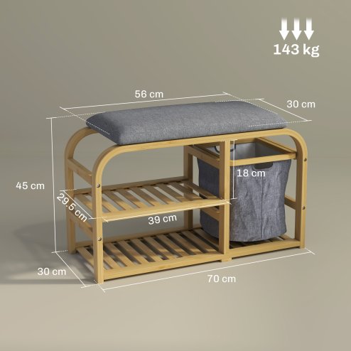 HOMCOM Bamboo Shoe Bench with Cushion, Shoe Rack Bench with 2 Slatted Shelves and Pull-Out Fabric Basket for Hallway, Entryway, Living Room, Nature Wood Finish