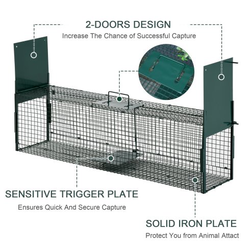 PawHut Two-Door Live Trap for Small Animals, Outdoor and Indoor Animal Trap for Rat, Mice, 100 x 25 x 28cm - Dark Green