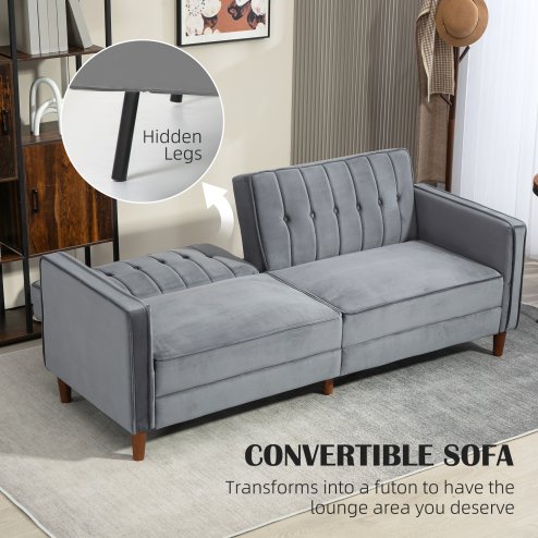 HOMCOM 3 Seater Velvet Sofa Bed, 189cm Click Clack Sofa Bed, Button Tufted Sleeper Couch with Split Reclining Backrest and Rubber Wood Legs