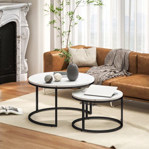 HOMCOM Round Nesting Coffee Table Set of 2, Large Stacking End Side Table with Steel Frame for Living Room, Bedroom, Home Office, 78.5 x 78.5 x 46.5 cm, Marble White