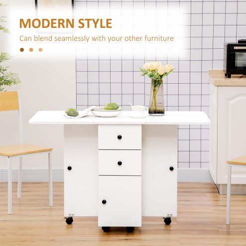 HOMCOM Folding Dining Table for 4-6, Rolling Drop Leaf Table on Wheels with Storage Drawers, Cabinet and Open Shelf for Kitchen, Dining Room