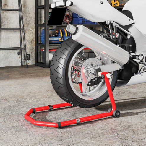HOMCOM Motorcycle Stand Lift, 390 kg Capacity Convertible Front/Rear Motorbike Motorcycle Paddock Lift Stand with Adjustable U+L Fork Pin Adaptors, Wheels, Clamping Clips, Red