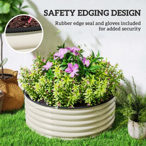 Outsunny Galvanised Raised Garden Bed with Safety Edging, Outdoor Raised Planter Box with Gloves and Open Bottom, Metal Raised Bed for Flowers, Vegetables and Herbs, 120 x 120 x 43cm, Cream White