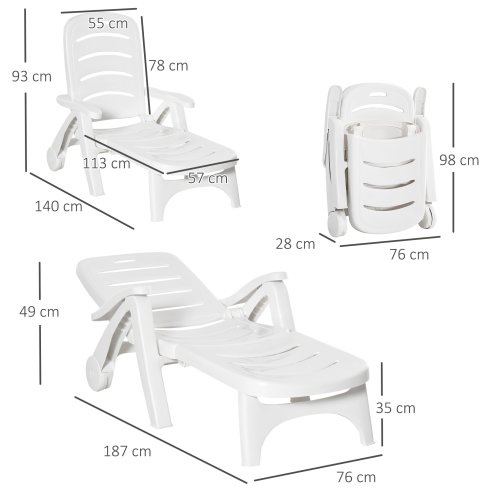 Outsunny Set of 2 Folding Sun Lounger with Wheels, 5-Position Adjustable Outdoor Deck Chair Furniture, Garden Beach Patio Pool Lounger Recliner Seat, White