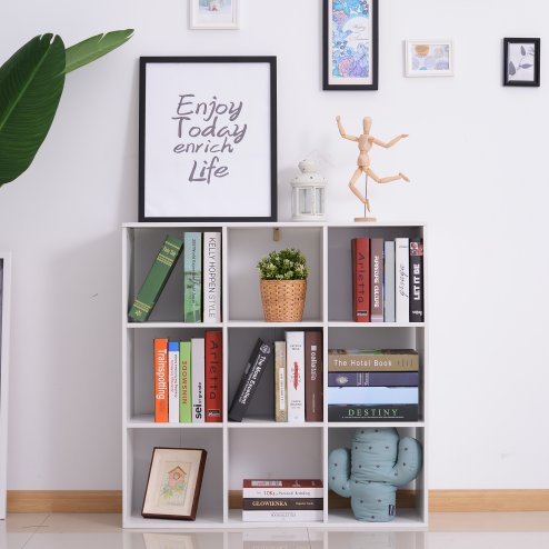 HOMCOM 3 Tier Bookshelf, Modern Cube Bookcase with 9 Open Storage Compartments, Freestanding Display Storage Unit for Living Room, Bedroom, Study, White