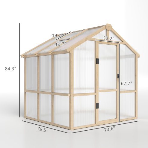 Outsunny 6.6 x 6ft Polycarbonate Greenhouse, Walk-in Wooden Greenhouse with Lockable Door and Window, Garden Plants Grow House, Brown