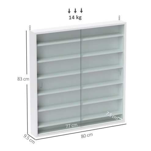 HOMCOM 7-Tier Wall Mounted Display Cabinet, Display Case with 6 Adjustable Shelves, Glass Doors for Home Office Ornaments 83x80cm, White