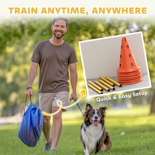 PawHut Dog Agility Set, Portable Pet Jump Training Equipment Kit for Six Cones, Six Poles with Carry Bag, Three-Piece Adjustable Height Jumping Obstacles, Orange