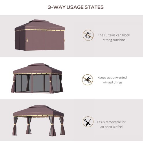 Outsunny 3 x 4m Aluminium Garden Gazebo, Marquee Canopy Shelter Pavilion Party Tent with Nets and Curtains for Garden and Deck, Coffee