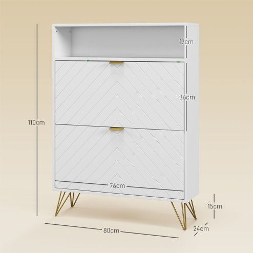 HOMCOM Narrow Shoe Cabinet with 2 Flip Drawers, Slim Shoe Storage Cabinet with Adjustable Shelves, Open Shelf, Hairpin Legs and 2 Vents for 12 Pairs of Shoes for Entryway, White