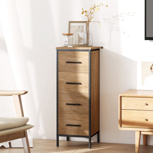 HOMCOM Narrow Bathroom Storage Cabinet, Industrial Slim Bathroom Storage Unit with 4 Drawers and Steel Frame for Small Spaces, 30 x 30 x 82 cm, Oak