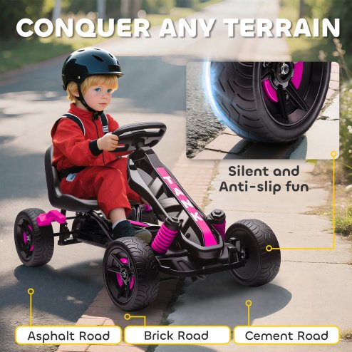 AIYAPLAY Pedal Go Kart, Ride on Racer with Freewheel System, Brake, Non-Slip EVA Wheels, Metal Frame, Go Kart for Kids Ages 3-6 Years, Pink