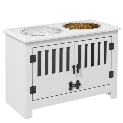 PawHut Raised Dog Bowls for Large Dogs, Pet Feeding Station, Doors with Latch, Storage Cabinet, Two Stainless Steel Bowls - White