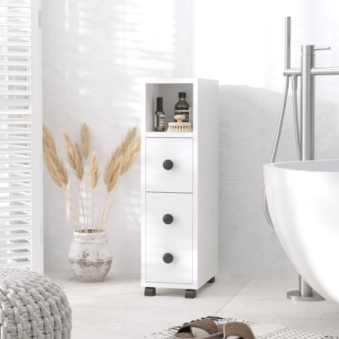 kleankin Slimline Bathroom Storage Unit w/ 2 Drawers 2 Open Compartments Wheels Handles Freestanding Compact Home Office Furniture 