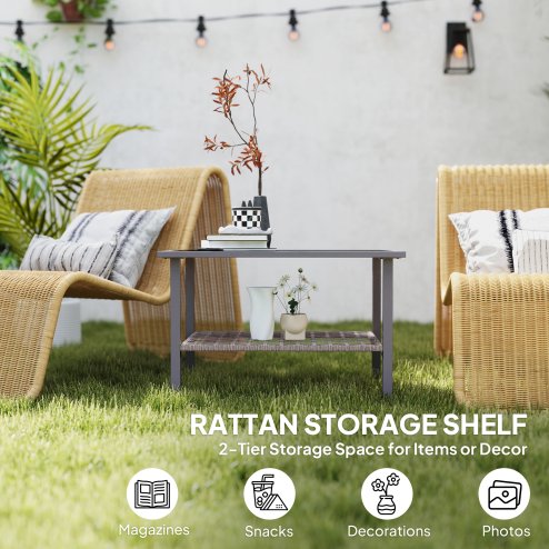 Outsunny Outdoor Rattan Coffee Table, Rectangular Tea Side Table with Tempered Glass Top, Storage Shelf, Foot Pads, Garden Furniture for Patio, Balcony, Mixed-grey