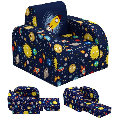 AIYAPLAY Kids Armchair, 2 in 1 Foldable Toddler Chair, Soft Snuggle Sponge Filled Recliner, for Bedroom Playroom Living Room, for Boys & Girls 18 Months to 3 Years - Dark Blue