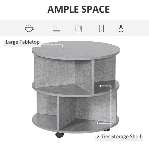 HOMCOM Round Coffee Table, Movable Centre Table with Divided Shelves and Rolling Wheels, 3 Tier Living Room Table