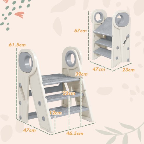 AIYAPLAY Kids Step Stool, Foldable Toddler Kitchen Stool, Adjustable Standing Tower with Handle, Non-Slip for Bathroom, Sink, Kitchen, Counter, Toilet Potty Training, Grey