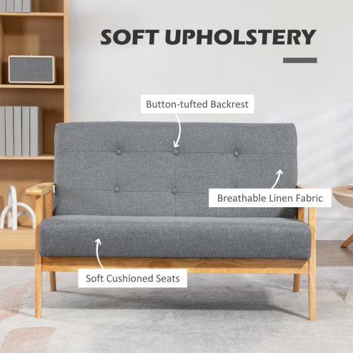 HOMCOM 2 Seater Sofa Modern Linen Fabric Upholstery Tufted Couch with Rubberwood Legs for Living Room and Kitchen