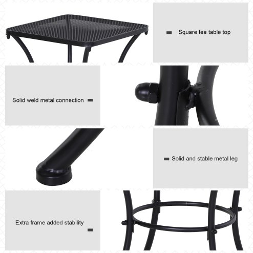 Outsunny 45cm Square Garden Table, Outdoor Metal Bistro Side Desk with Mesh Top, Black