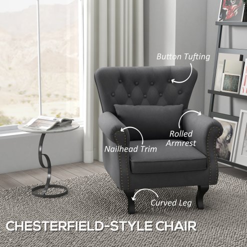 HOMCOM Wingback Armchair, Linen Fabric Accent Chair, Upholstered Fireside Chair with Pillow, Button Tufted Back for Living Room, Bedroom, Home Office, Dark Grey