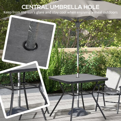 Outsunny 80x80cm Outdoor Dining Table, Faux-marbled Garden Table with Umbrella Hole, Square Patio Table with Steel Frame for Porch, Balcony, Black