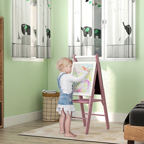 AIYAPLAY Kids Easel with Paper Roll 3 in 1 Art Easel for Toddlers Height Adjustable Double-Sided Kids Whiteboard Blackboard for Ages 3-6 Years - Pink