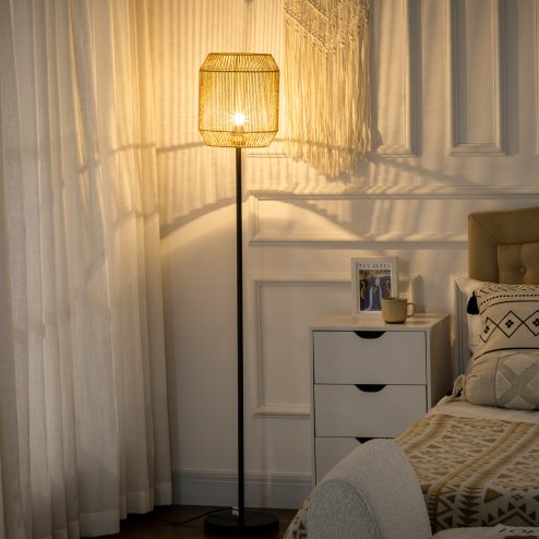 HOMCOM Farmhouse Wicker Floor Lamp, Standing Lamp with Hand Woven Rattan Lampshade, Lamps for Living Room, Bedroom, Bulb not Included, Natural