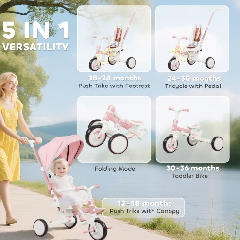 AIYAPLAY Kids Trike, Foldable Toddler Tricycle 5 in 1 with Adjustable Parent Handle & Removable Canopy, 5-point Safety Harness, Footrest, Storage Bag, for Ages 1-3 Years, Pink