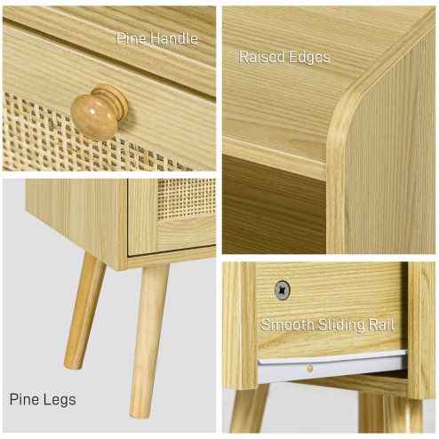 HOMCOM Bedside Tables Set of 2, Boho Styled Nightstand with Drawer, Storage Compartment and Rattan Accent, Side End Table for Bedroom, 40 x 30 x 60cm, Natural Wood Finish