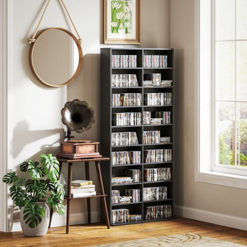 HOMCOM 640 CD/360 DVD Storage Unit, Blu-ray Media Storage Shelf with 18 Compartments and 14 Adjustable Shelves, CD Tower for Living Room, Bedroom, Office