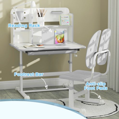 AIYAPLAY Kids Desk and Chair Set, Height Adjustable Children School Study Desk, Student Writing Desk with Tiltable Desktop Drawer, Pen Slot, Reading Rack for Ages 3-13 Years, Grey